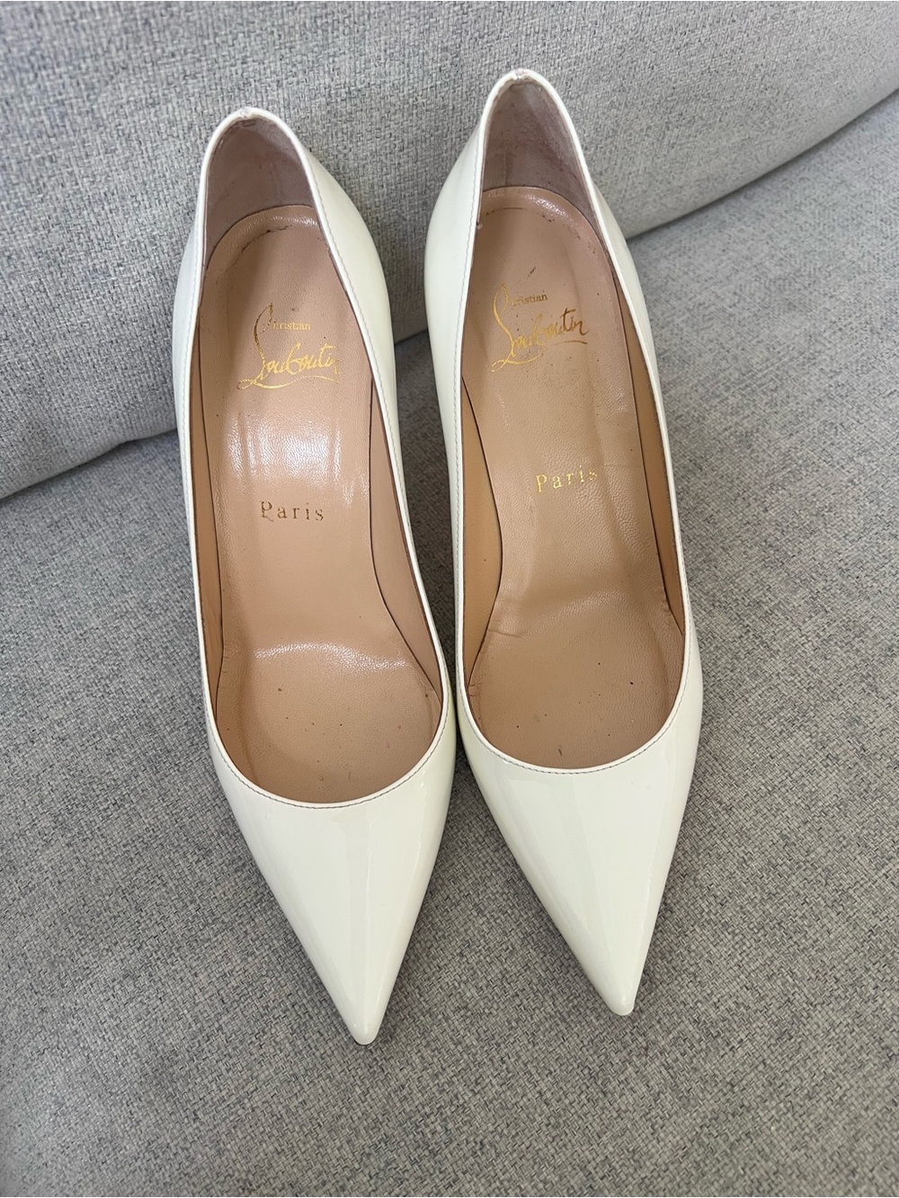 Christian Louboutin white 85 Patent Pointed-Toe Pumps with Signature Heel